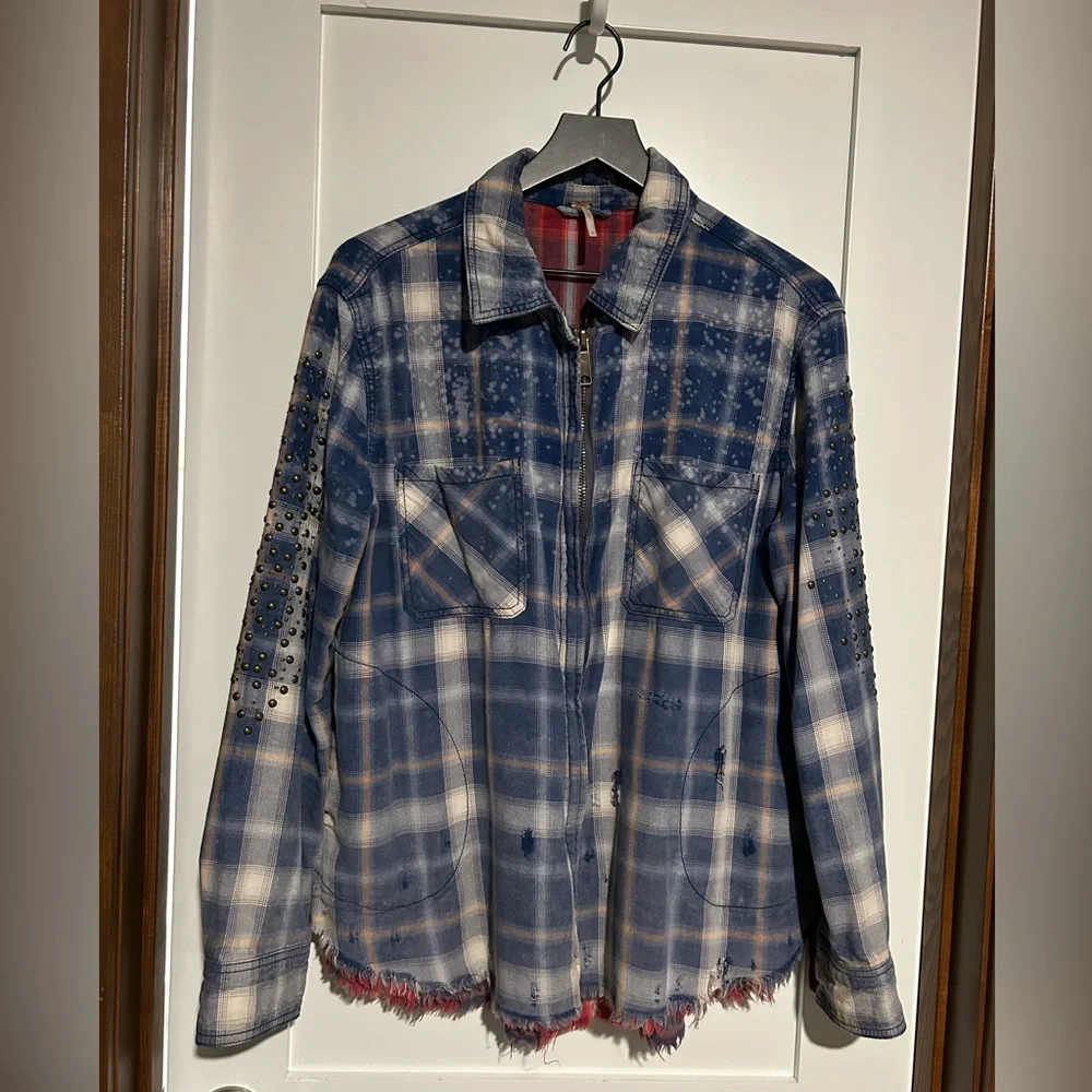 Free People Blue Plaid Deconstructed Shacket / Jacket Size Small - Picture 2 of 9